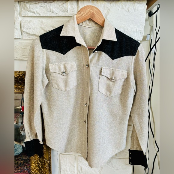 Vintage Silver and Black Metallic Sparkle Glitter Country Western Shirt XS Small - Picture 2 of 8